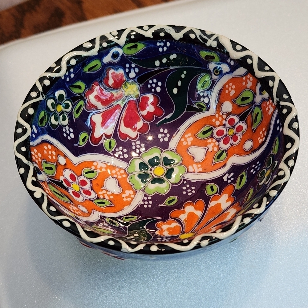 Hand Painted Embossed Ceramic Small Bowl Turkish Style Floral Bright Ring Dish - Picture 4 of 7